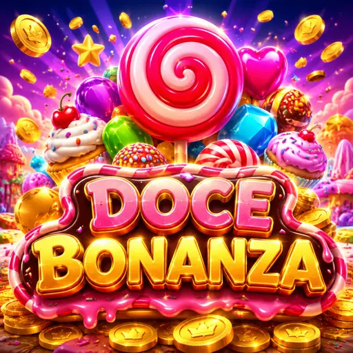 Grade do Sweet Bonanza com frutas coloridas e doces sobre fundo de nuvens