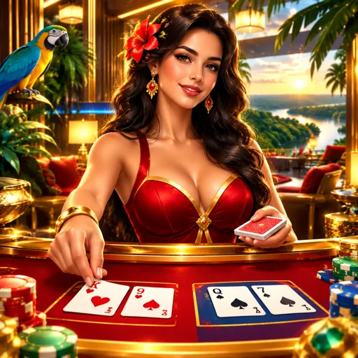 Mesa elegante de baccarat ao vivo com dealer distribuindo cartas em estúdio